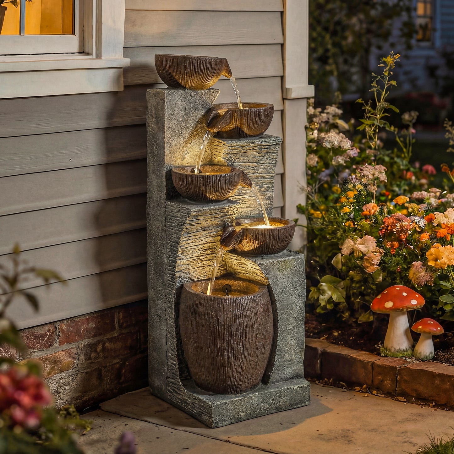 Tall 5-Tier Jug-Style Resin Waterfall Fountain | Hand-Painted Rustic Finish | Warm LED Lights | 3-Speed Adjustable Pump | 16W | 230V | 3m Cable | 35x34x110cm | Garden & Patio | Grey & Rustic Brown