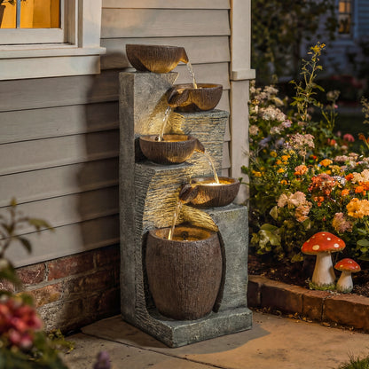 Tall 5-Tier Jug-Style Resin Waterfall Fountain | Hand-Painted Rustic Finish | Warm LED Lights | 3-Speed Adjustable Pump | 16W | 230V | 3m Cable | 35x34x110cm | Garden & Patio | Grey & Rustic Brown