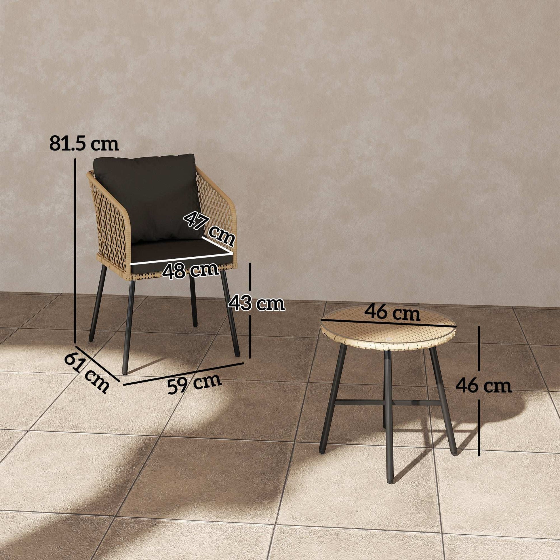 Outsunny 3 Piece Rattan Bistro Set with 2 Chairs, Tempered Glass Table, Cushions, Adjustable Foot Pads, Nature Wood Finish