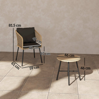 Outsunny 3 Piece Rattan Bistro Set with 2 Chairs, Tempered Glass Table, Cushions, Adjustable Foot Pads, Nature Wood Finish