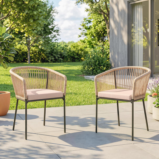 Set of 2 Rattan Garden Dining Chairs | Cushions | Wraparound Armrests | Natural Wood Finish