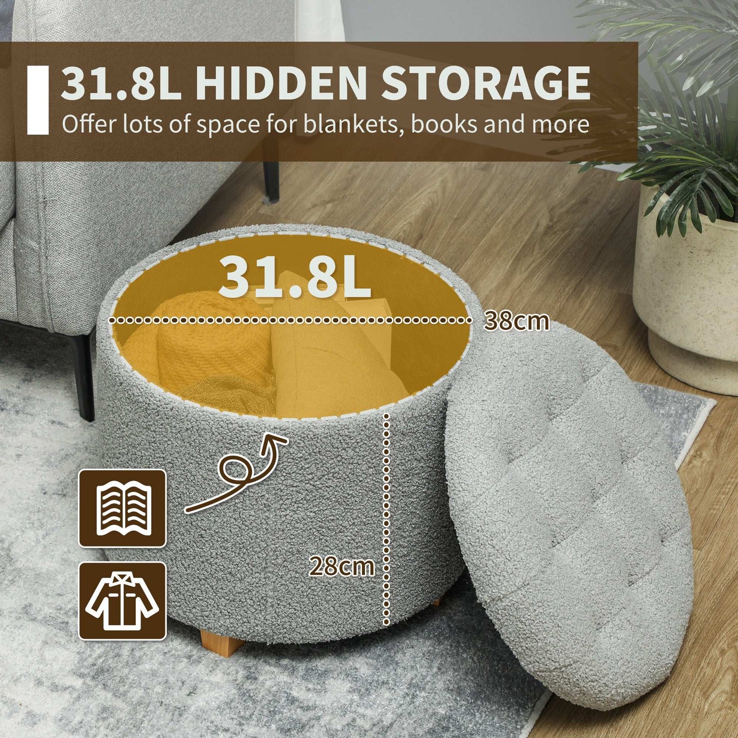 31.8L Teddy Fleece Storage Ottoman - Dark Grey