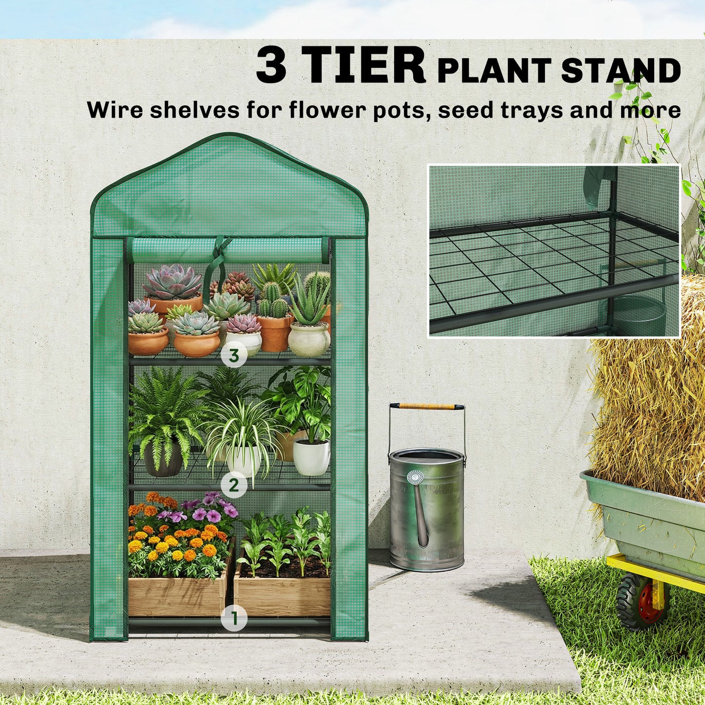 3-Tier Mini Greenhouse | Steel Frame | 140gsm PE Cover | Roll-Up Zip Door | 5kg Per Shelf | 59x39x127cm | Green