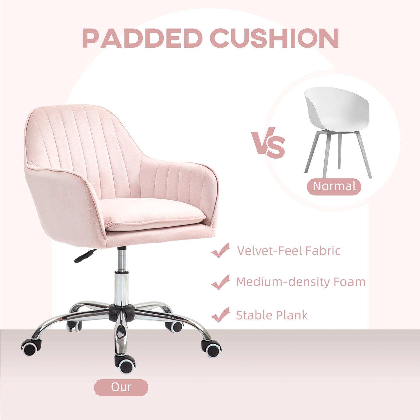 Retro Vintage Style Velvet-Feel Tub Office Chair, with Seat Cushion - Pink