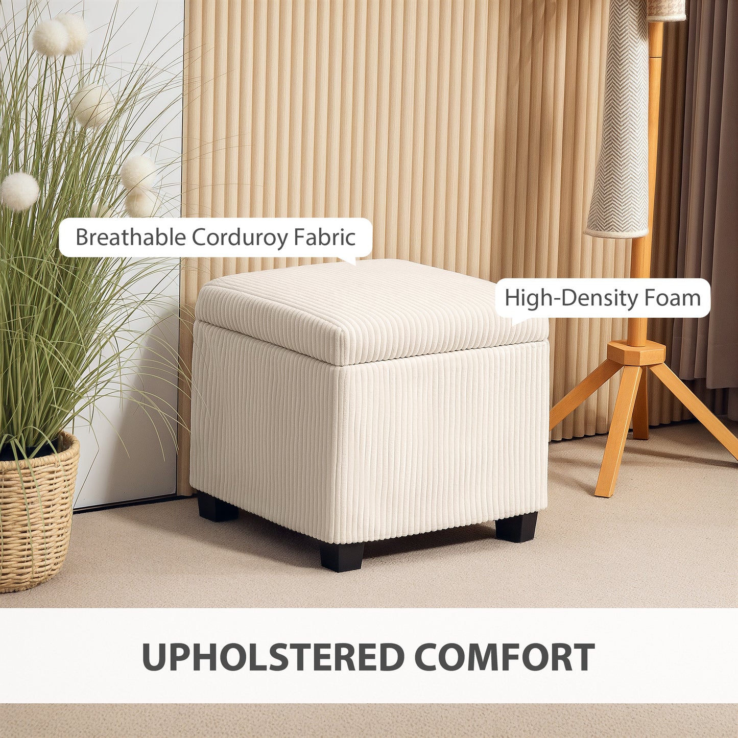 Storage Ottoman Bench, Corduroy Footstool with Removable Lid and Legs, 40cm Storage Chest Box for Living Room, Bedroom, Hallway, Beige