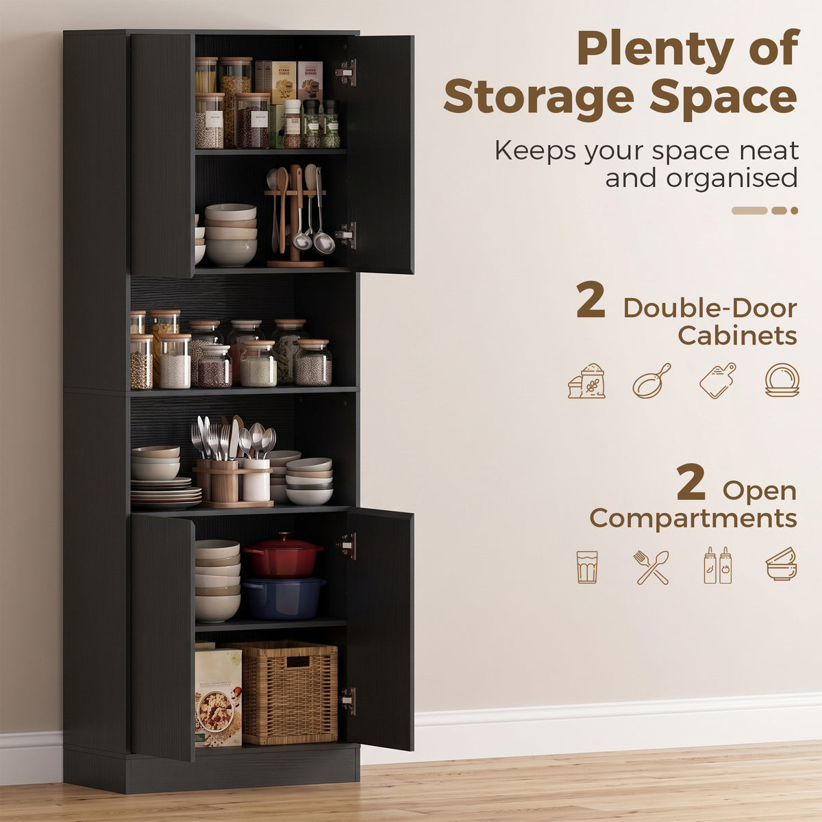 Kitchen Pantry Cabinet | 170cm Freestanding Storage Cupboard with Soft-Close Doors, 2 Colours