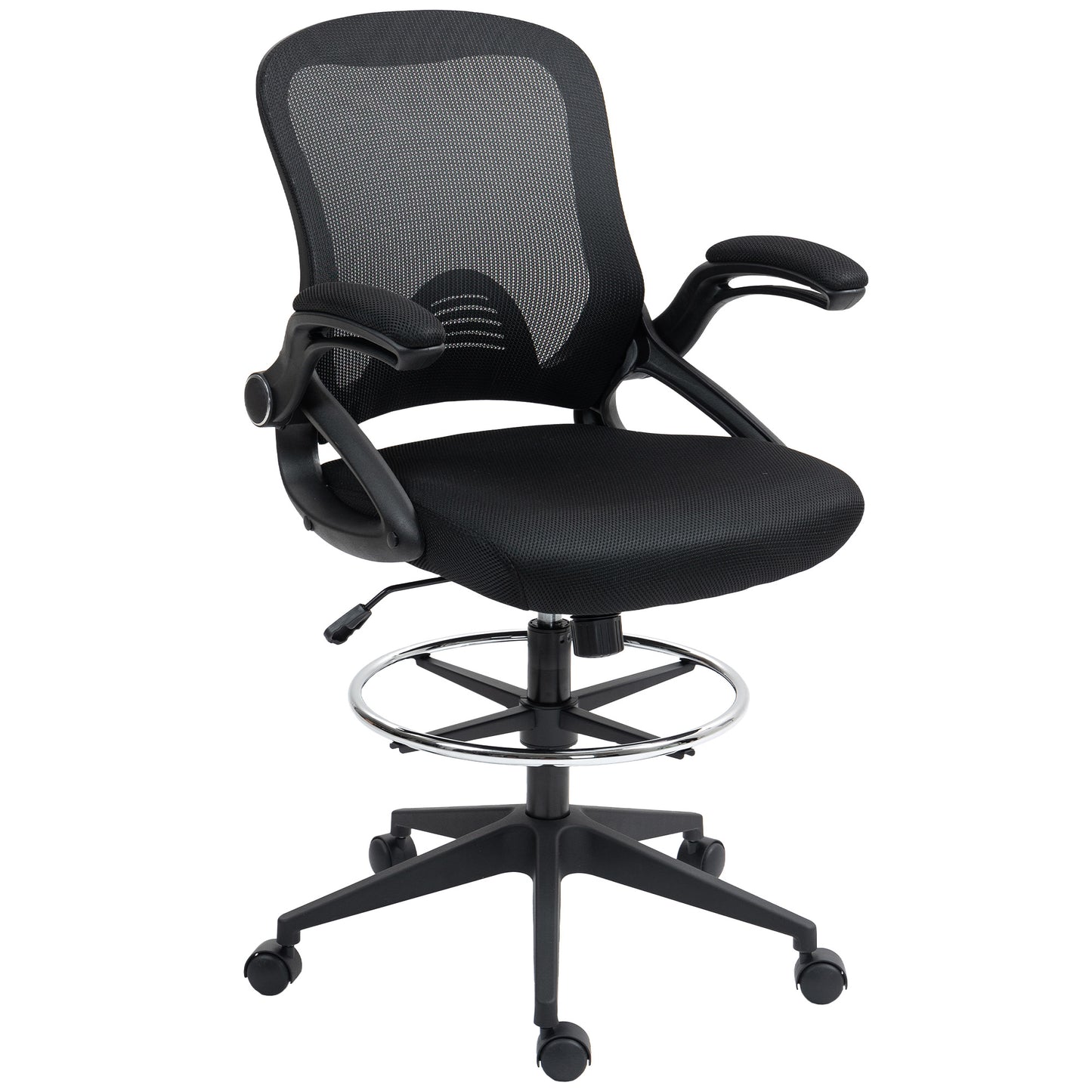 Drafting Chair for Standing Desk | Mesh Back | Foam Seat | Flip-Up Armrests | Foot Ring | 360° Swivel | Height Adjustable 106-126cm | 120kg | Black
