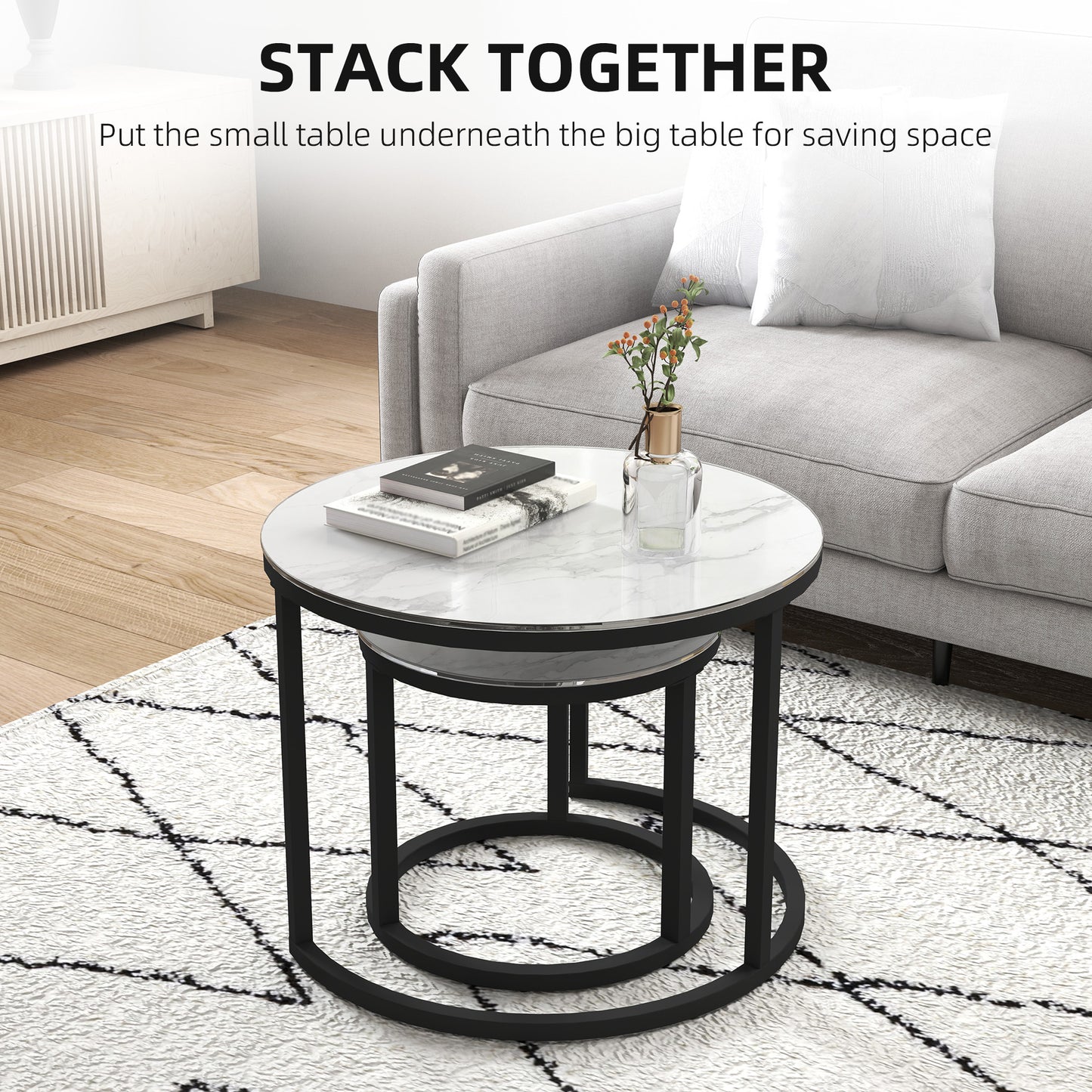 Glass Coffee Table Set of 2, Round Nest of Tables with Marble-Effect Tempered Glass Tabletop and Steel Frame, Side Tables for Living Room, White