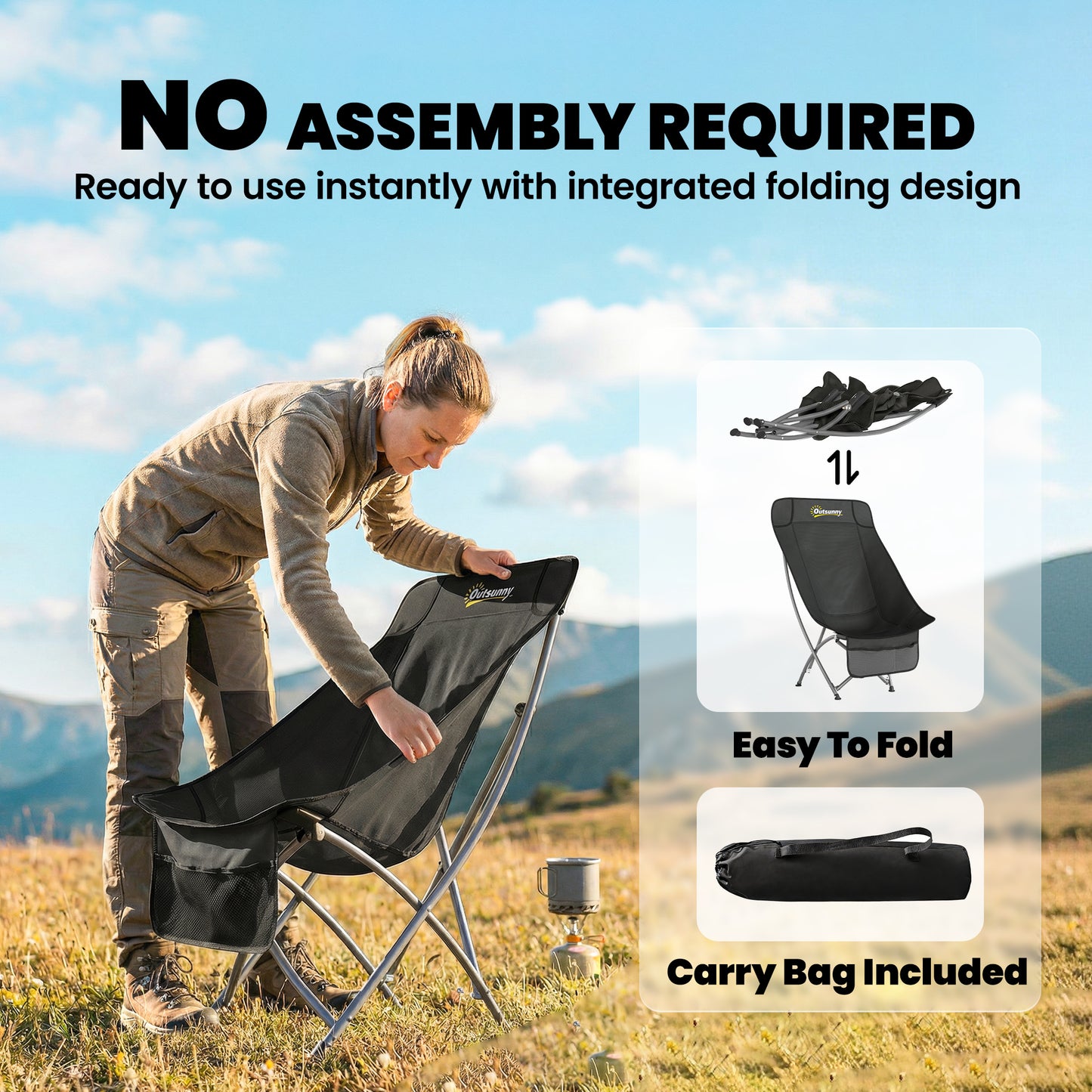 Outsunny Moon Camping Chair – Heavy Duty Folding Camp Chair, 120kg, Water-Repellent Oxford Fabric, Side Pocket & Carry Bag – Black