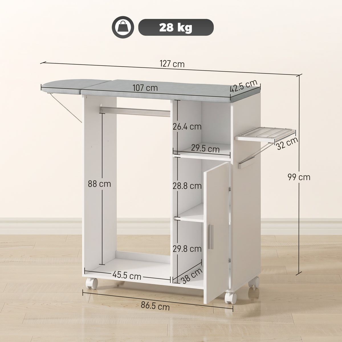 Rolling Ironing Board Cabinet | Folding Top, Clothes Rail & Adjustable Storage Shelf | Iron Holder, 4 Wheels & 2 Brakes | White/Grey
