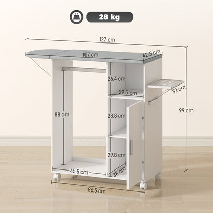 Rolling Ironing Board Cabinet | Folding Top, Clothes Rail & Adjustable Storage Shelf | Iron Holder, 4 Wheels & 2 Brakes | White/Grey