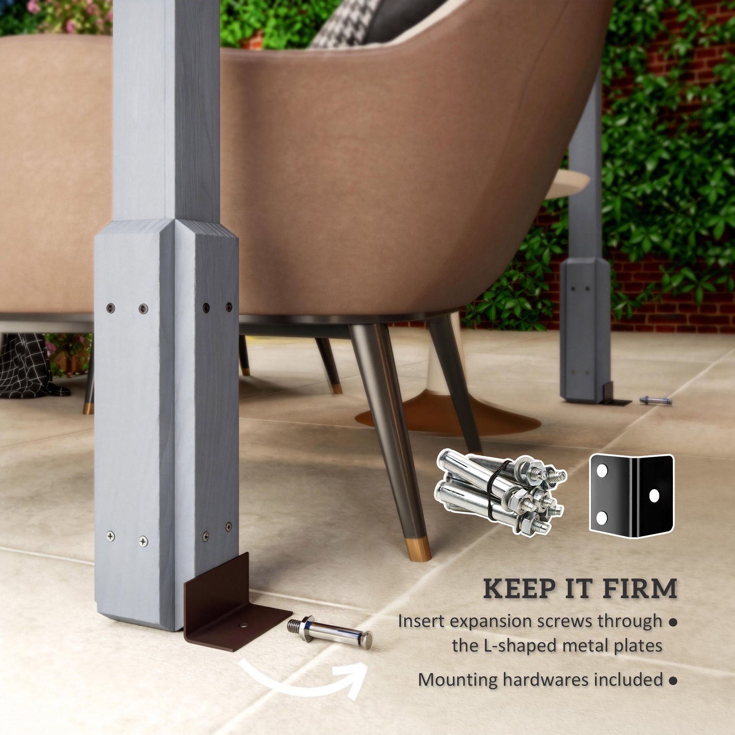 2x2m Wooden Garden Pergola | Fir Wood | Climbing Plants | Anchor Bolts | Windproof Level 6-7 | Grey