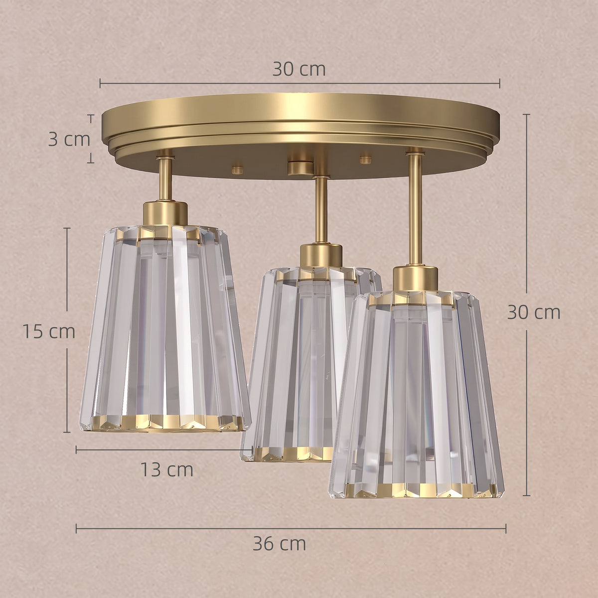 3-Light Crystal Glass Ceiling Light | Triple E27 Sockets | Clear Crystal Shades | Ø32cm | 40–120W | 220–240V | Hallway Bedroom Living Room | Bulbs Not Included | Gold Tone