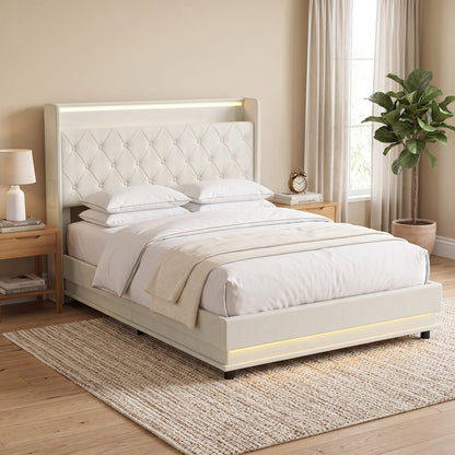 4ft6 Double Ottoman Bed Frame | Hydraulic Storage, RGB LED Headboard Lights & USB Charging | Cream White or Black