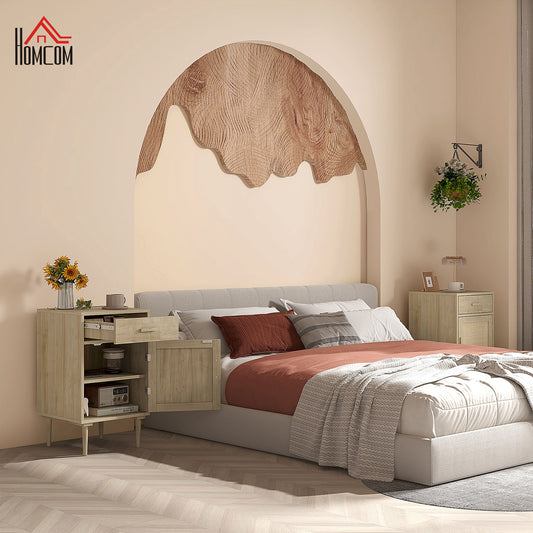Bedside Table, Rattan Side Tables W/ Drawer, Cabinet And Adjustable Shelf,  Bedside Storage For Bedroom, Living Room, Natural Wood Effect