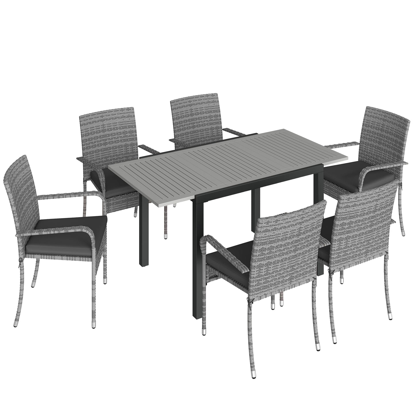 7-Piece Rattan Garden Furniture Set | 6 Seater | Extendable Acacia Wood Table 100-150cm | 6 Stackable High-Back Armchairs | Washable Cushion Covers | PE Rattan & Steel Frame | Light Grey