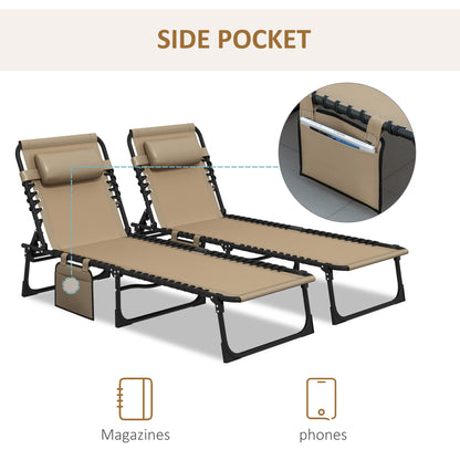 Portable Sun Lounger Set of 2, Folding Camping Bed Cot, Reclining Lounge Chair 5-position Adjustable Backrest with Side Pocket, Pillow - Beige
