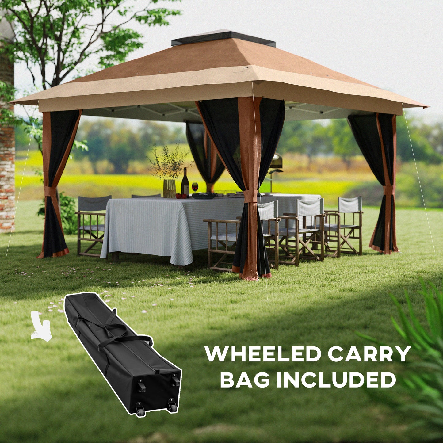 3.6x3.6m Pop-Up Gazebo | UPF50+ Oxford Fabric | Removable Mesh Walls | 3-Height Adjustment 260-280cm | 8 Drainage Holes | 4 Guy Ropes, 12 Ground Stakes & 4 Sandbags | Wheeled Carry Bag | Fits 8-12 People | Brown