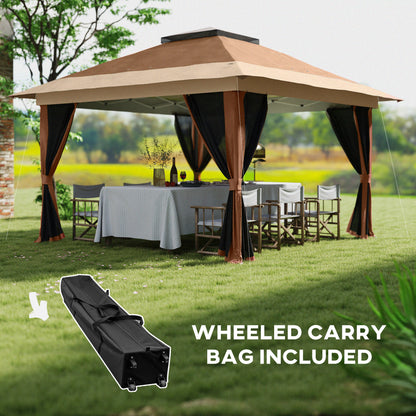 3.6x3.6m Pop-Up Gazebo | UPF50+ Oxford Fabric | Removable Mesh Walls | 3-Height Adjustment 260-280cm | 8 Drainage Holes | 4 Guy Ropes, 12 Ground Stakes & 4 Sandbags | Wheeled Carry Bag | Fits 8-12 People | Brown