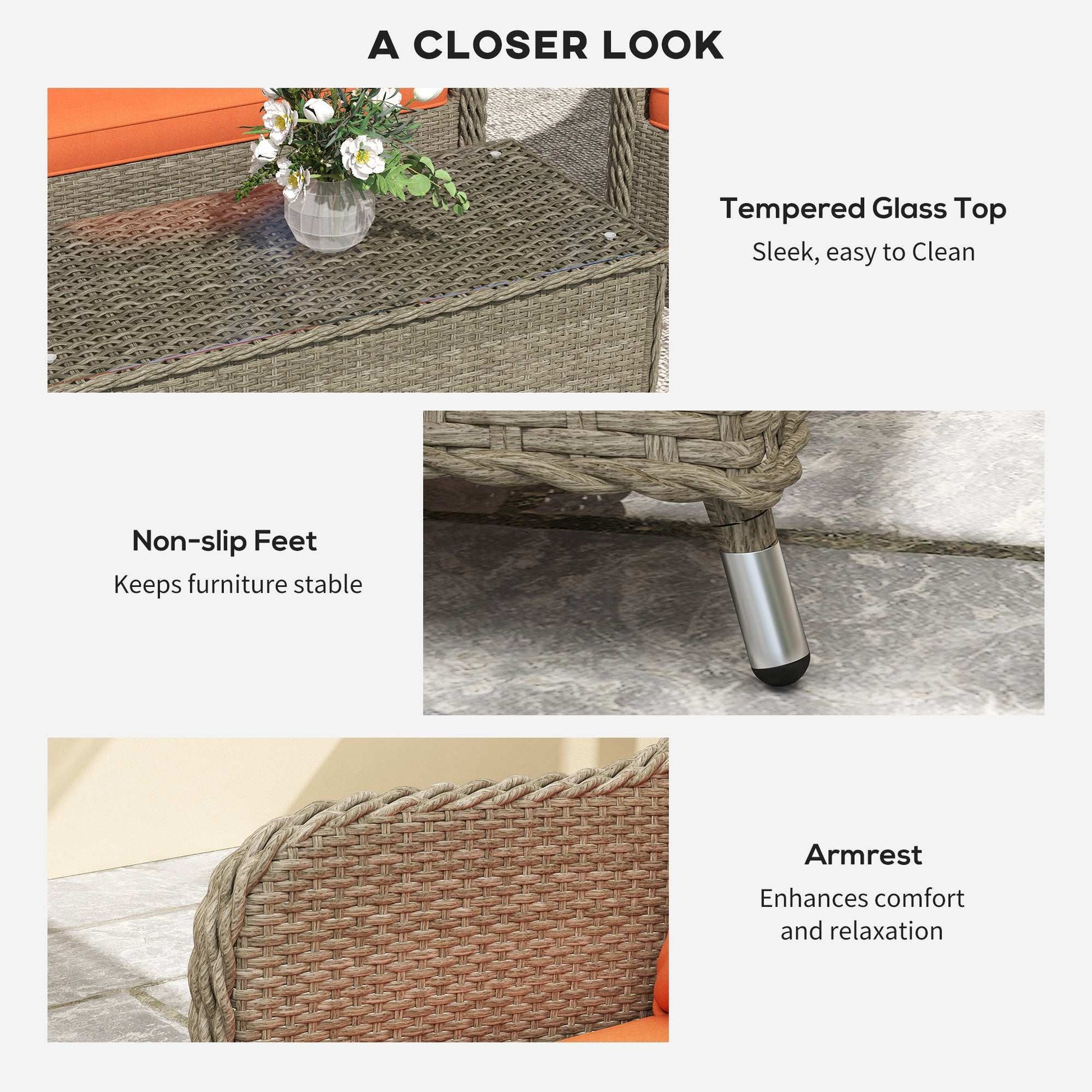 Outsunny Four-Piece Rattan Sofa Set, with Glass-Top Table - Orange