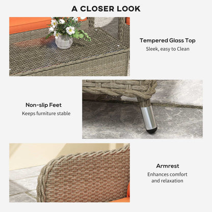 Outsunny Four-Piece Rattan Sofa Set, with Glass-Top Table - Orange