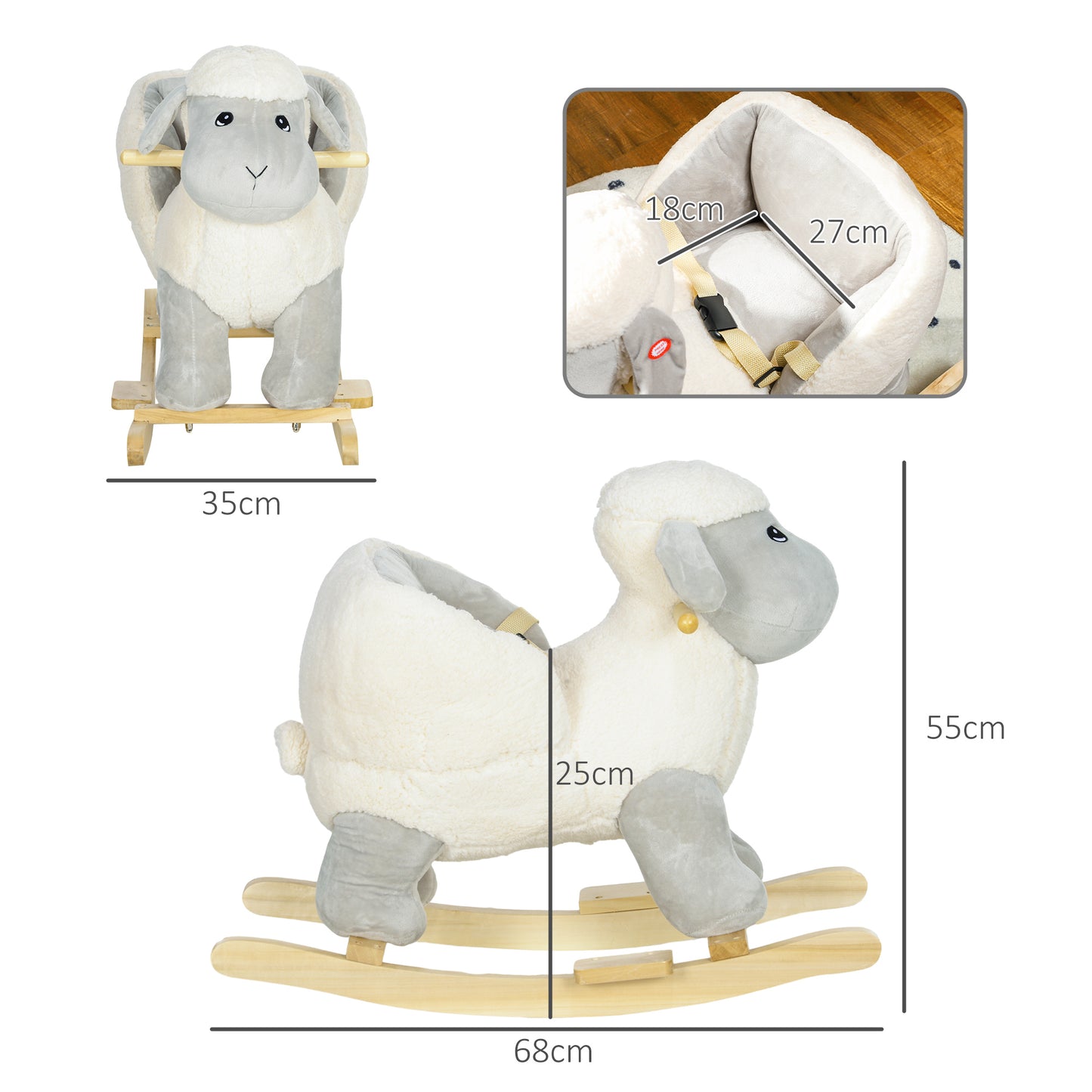 AIYAPLAY Rocking Horse, Ride on Lamb with Safety Belt, Sound, for 1-3 Years, Grey
