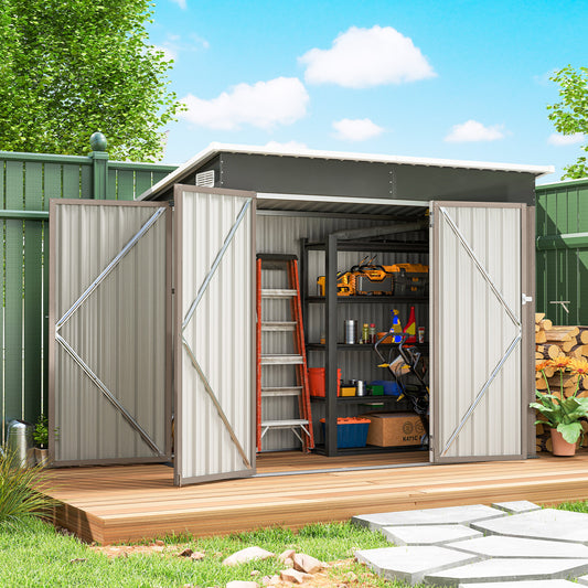 Galvanised Steel Garden Storage Shed | Triple Lockable Access | Double Front Doors & Side Door | Powder-Coated | Ventilation Slots | Sloped Roof | 25kg/m² Snow Load | 234x132x185cm | 2.68m² | Light Grey