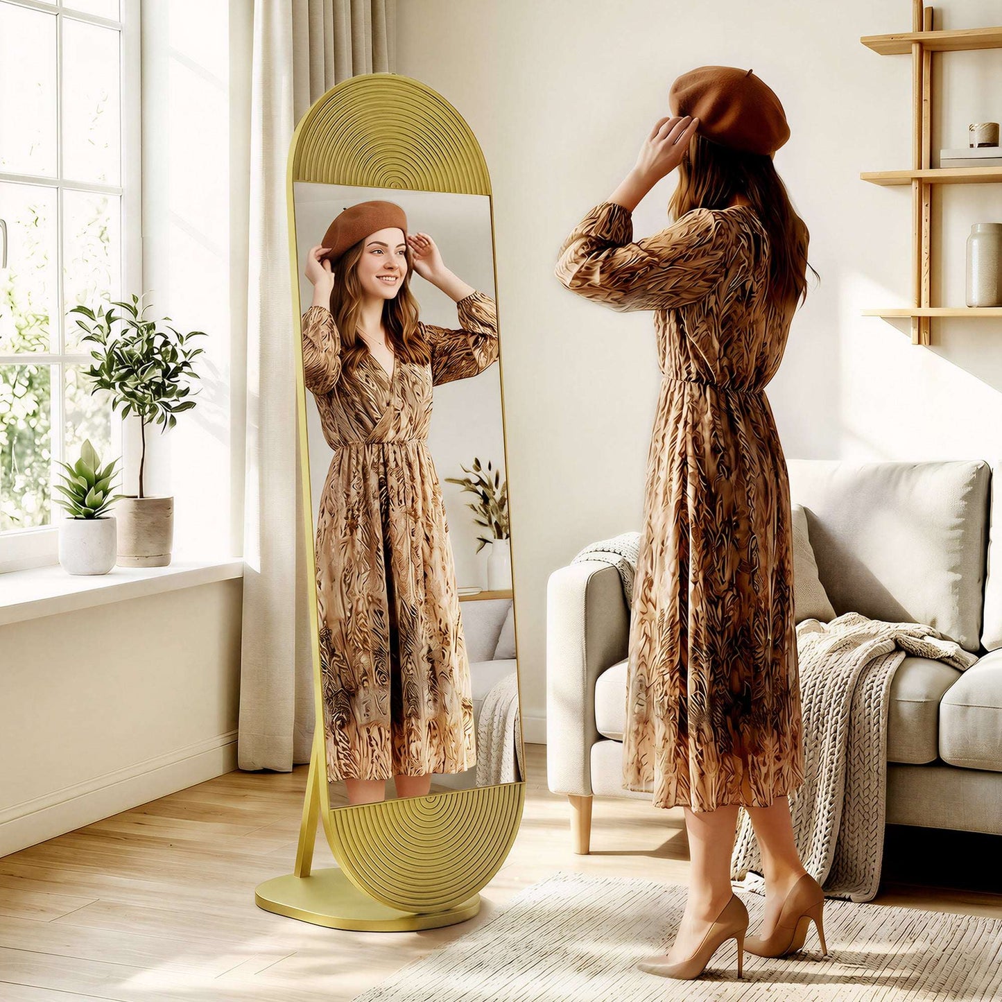 Wavy Full Length Mirror | 50x161.5cm | Gold Tone | Metal Frame & Base | Shatter-Proof Glass | Free Standing