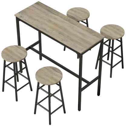 5-Piece Industrial Bar Table & Stool Set | Grey Wood Effect MDF Tops | Powder-Coated Steel Frames | Table 105x40x90cm | 4x Stools Dia30x60cm | 120kg Stool 100kg Table | Adjustable Feet | Grey / Black