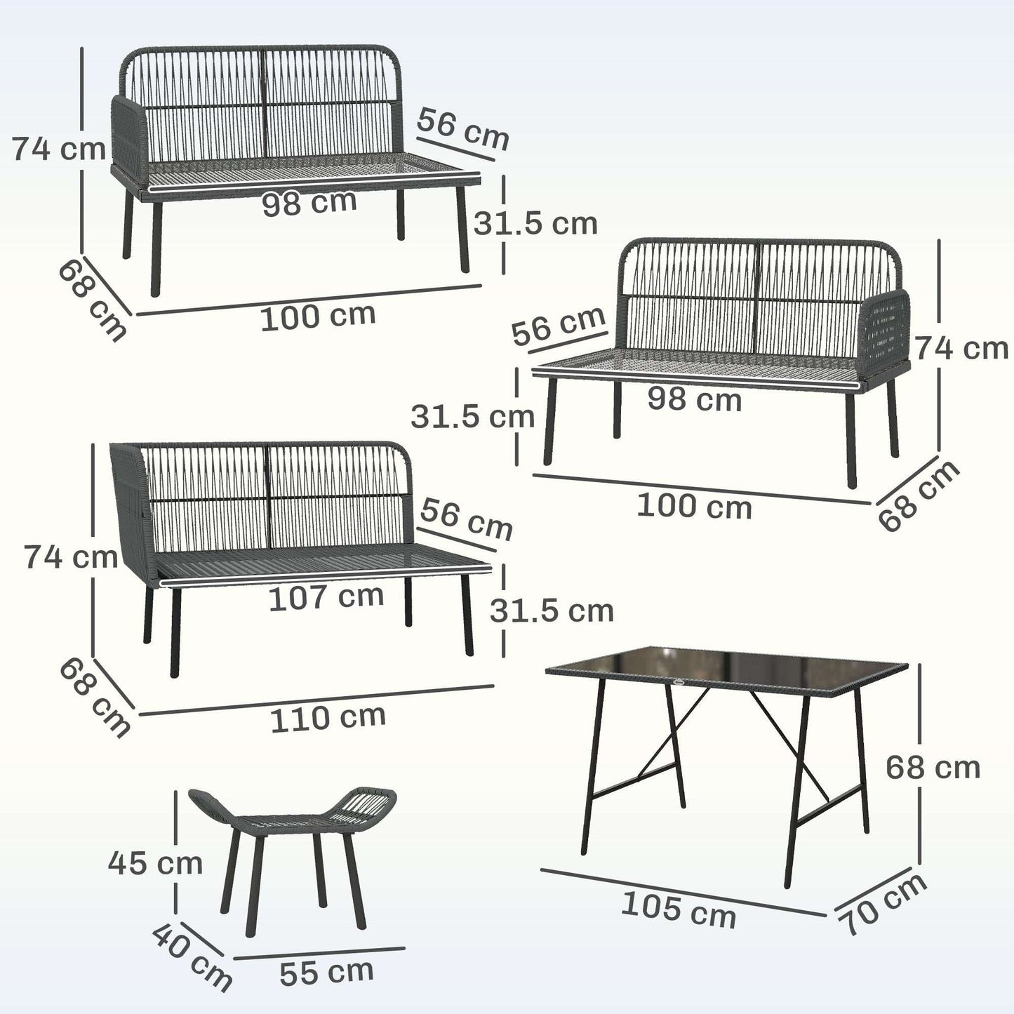 Outsunny 6 Piece Rattan Garden Furniture Set, 8 Seater Garden Corner Sofa with Cushions and Glass Top Table, Orange