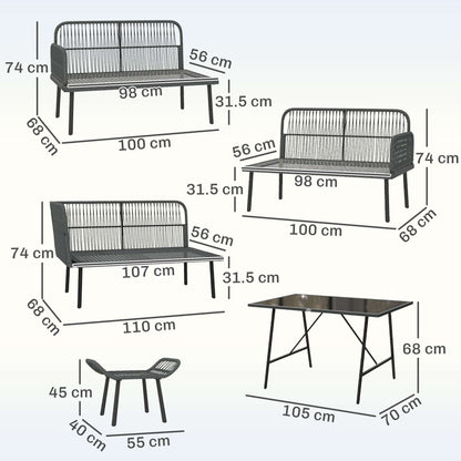 Outsunny 6 Piece Rattan Garden Furniture Set, 8 Seater Garden Corner Sofa with Cushions and Glass Top Table, Orange