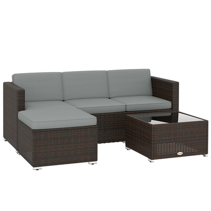 3 Piece Rattan Garden Sofa Set | 3 Seater Sofa | Ottoman | Coffee Table | Tempered Glass | Galvanised Steel | Hand-Woven PE Rattan | Zipped Cushions | 360kg | Light Grey
