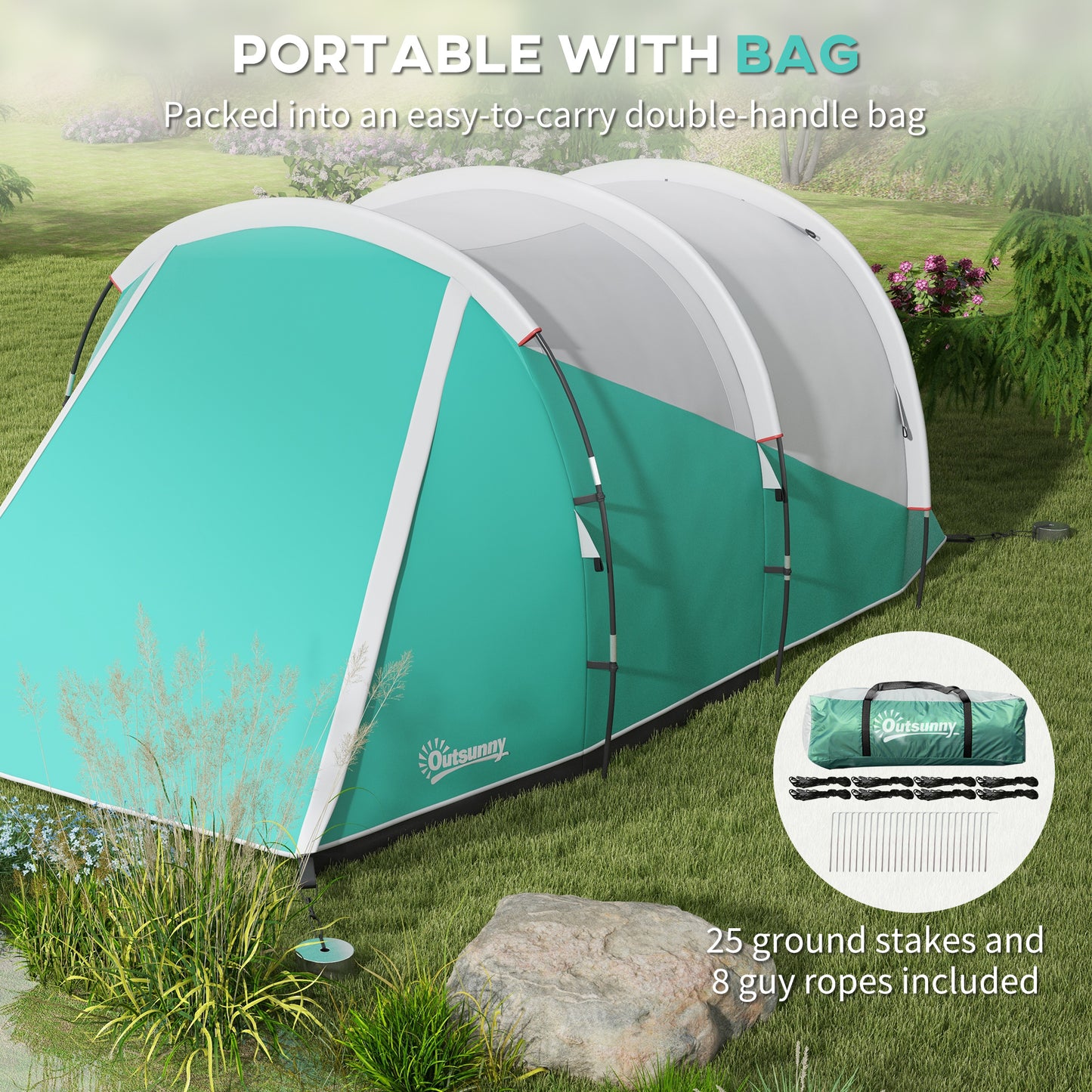 Outsunny 2 Room Camping Tent for 4-5 Man, 3000mm Waterproof Family Tent with Carry Bag, for Fishing Hiking Festival, Green