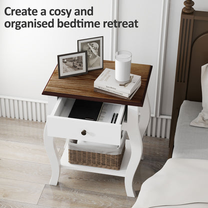 2 Pieces Bedside Tables with Drawer, French Style Bedside Cabinets with Open Shelf for Bedroom, Living Room, White