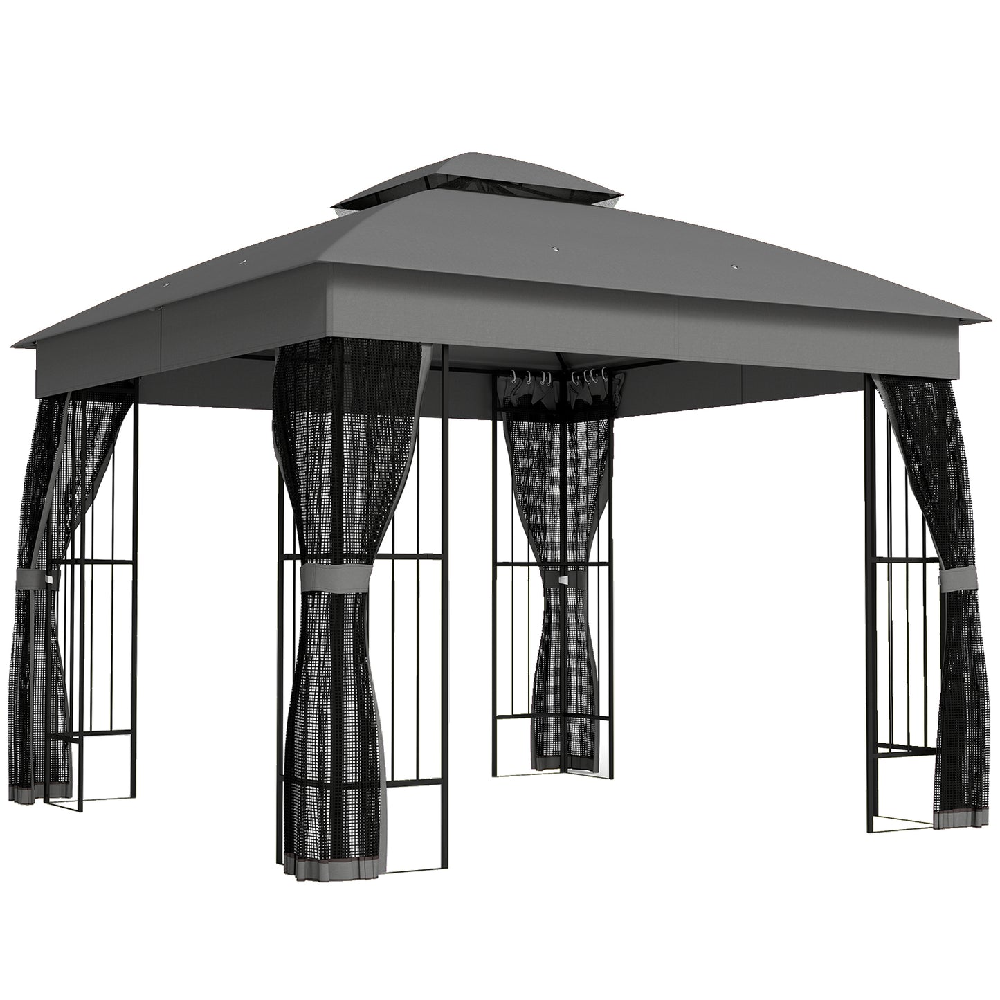3x3m Permanent Garden Gazebo & Pavilion | Double-Tier UPF50+ Roof | Mesh Panels | Corner Shelves | Grey