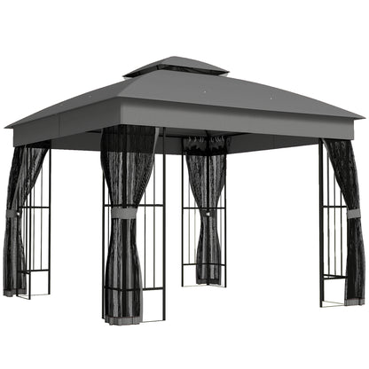 3x3m Permanent Garden Gazebo & Pavilion | Double-Tier UPF50+ Roof | Mesh Panels | Corner Shelves | Grey