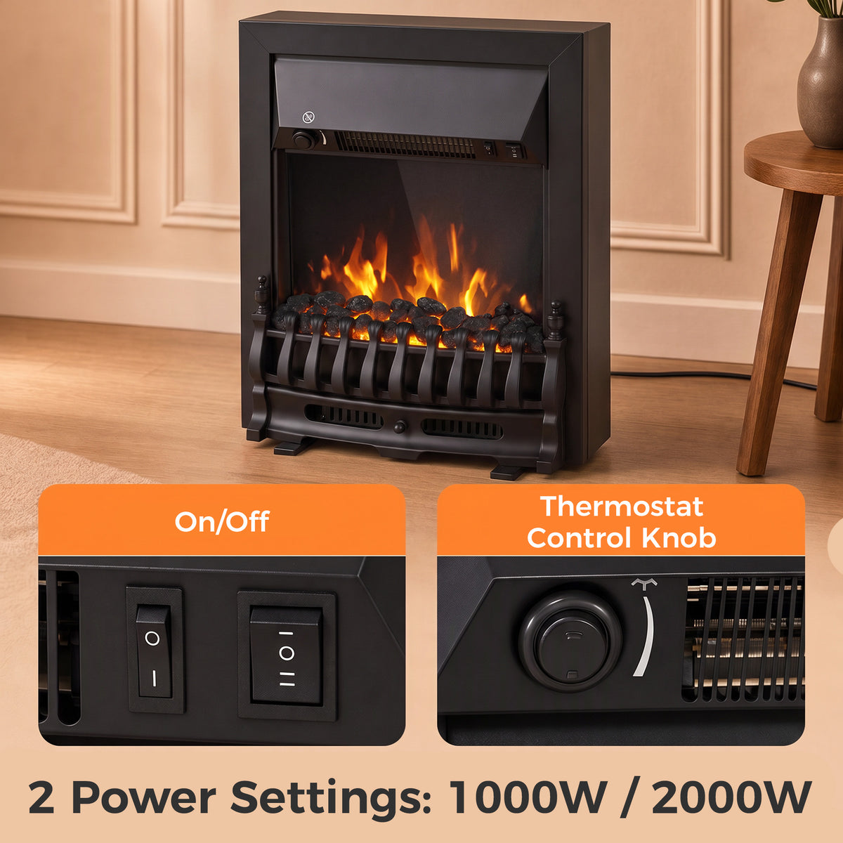 Electric Fireplace | 1000W/2000W Freestanding & Inset Fire | LED Flame & Glowing Coal Bed | Adjustable Thermostat | Matt Black