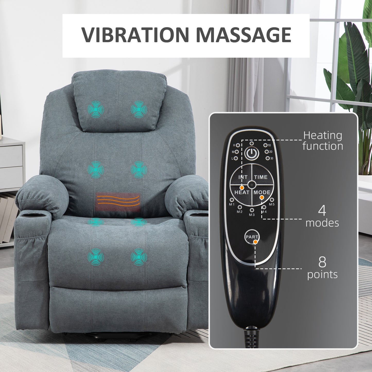 Lift Chair, Quick Assembly, Riser and Recliner Chair with Vibration Massage, Heat, Cup Holders, Charcoal Grey