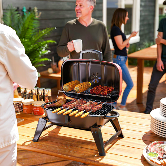 Charcoal Camping Picnic Barbecue Grill Folding BBQ Grill with 1232 cm² Cooking Area, Adjustable Vent, Thermometer, Handles, Red