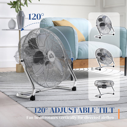 Metal Floor Fan, Electric Portable Desk & Table Fan with 3 Speed Settings and 120° Adjustable Tilt, Powerful Airflow for Home Office, Silver Tone
