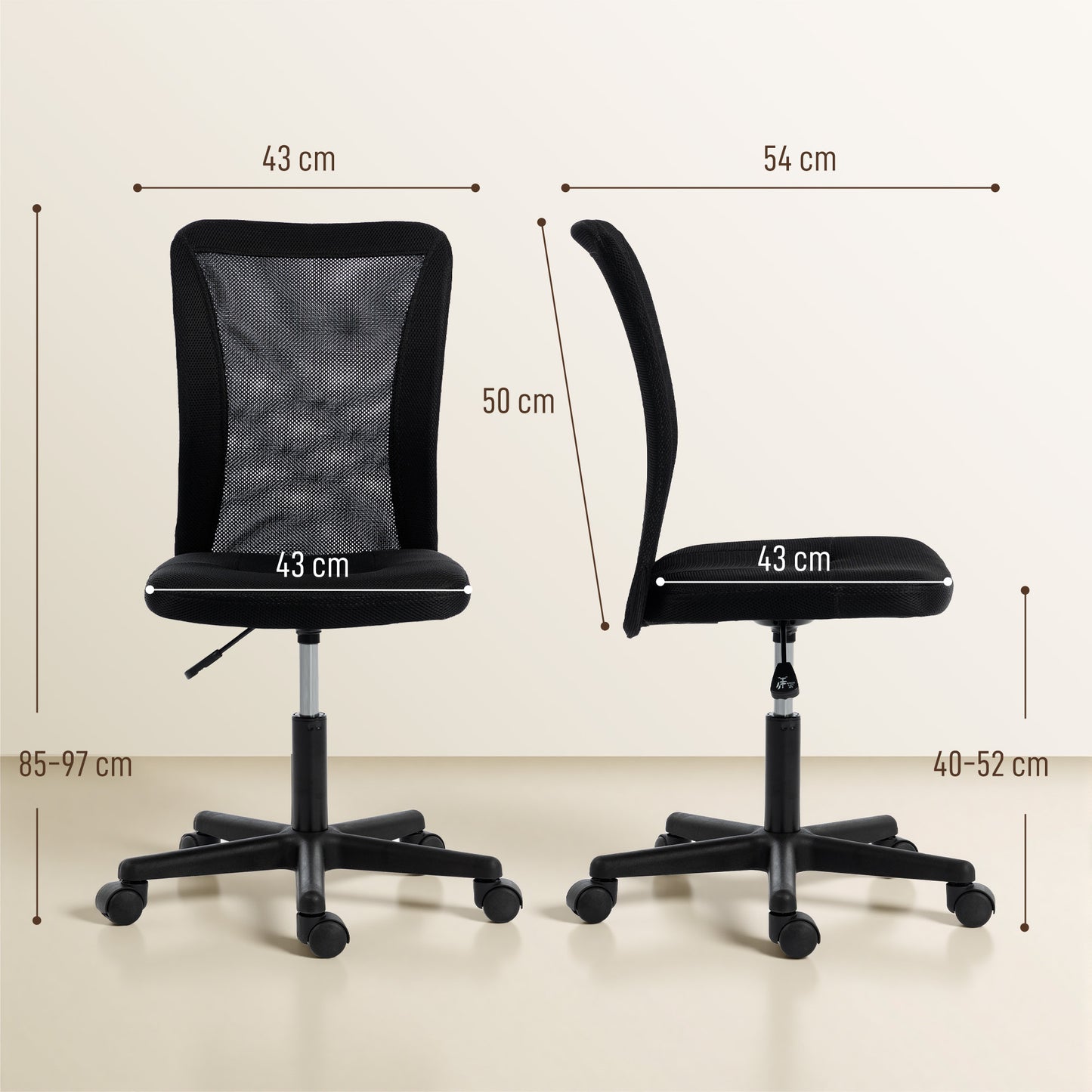 Armless Mesh Office Chair | 360° Swivel | Adjustable Height 40-52cm | 6cm Padded Seat | Breathable Curved Mesh Back | 120kg | Compact Space Saving | Black
