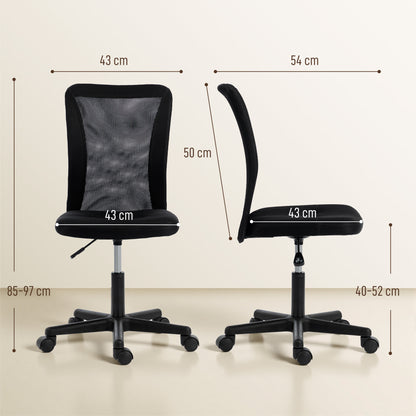 Armless Mesh Office Chair | 360° Swivel | Adjustable Height 40-52cm | 6cm Padded Seat | Breathable Curved Mesh Back | 120kg | Compact Space Saving | Black
