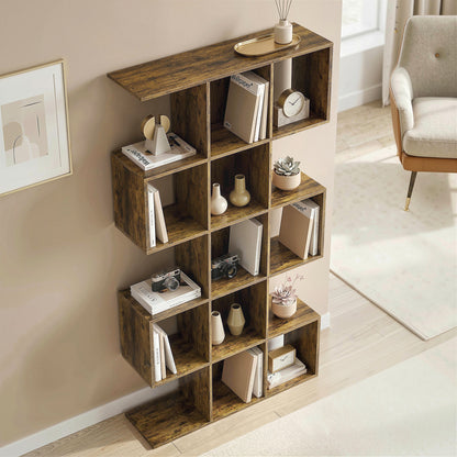 5-Tier S-Shaped Bookcase | 15 Compartments | Rustic Brown | 80 x 157.5 cm