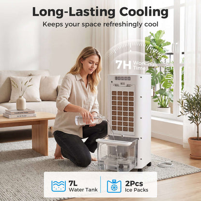 Portable Air Cooler, 3-In-1 Evaporative Air Cooler with 7 Litre Water Tank, 48° Oscillation, White