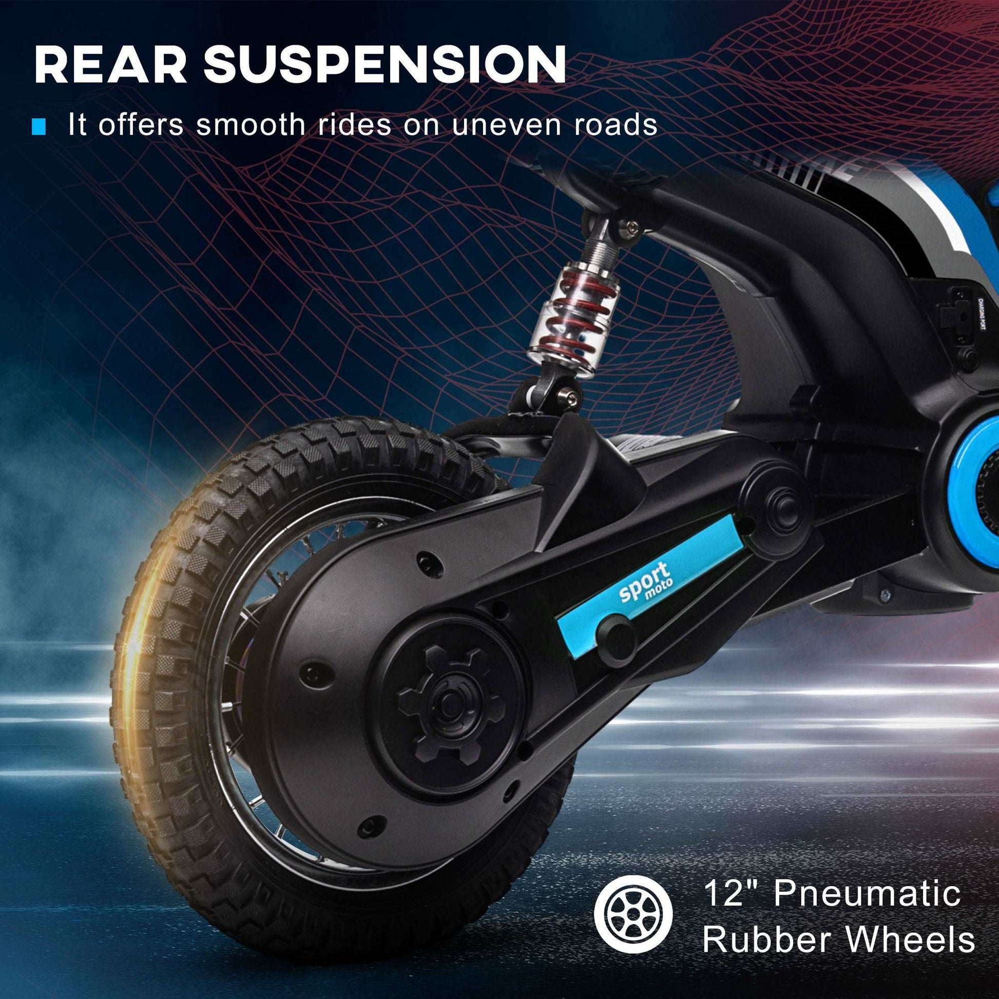 24V Electric Motorbike with Twist Grip Throttle, Music, Horn, 12" Pneumatic Tyres, 16km/h Max Speed - Blue