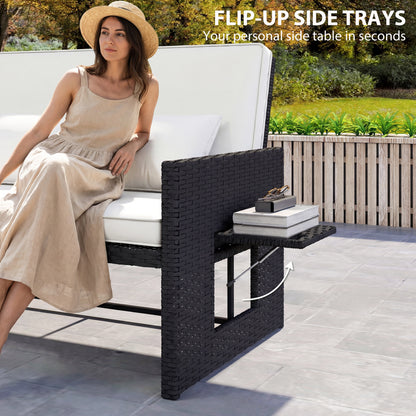 Outsunny Rattan Garden Daybed, Assembled Double Sun Lounger with 5-Level Adjustable Back, Storage Ottoman, Cream White