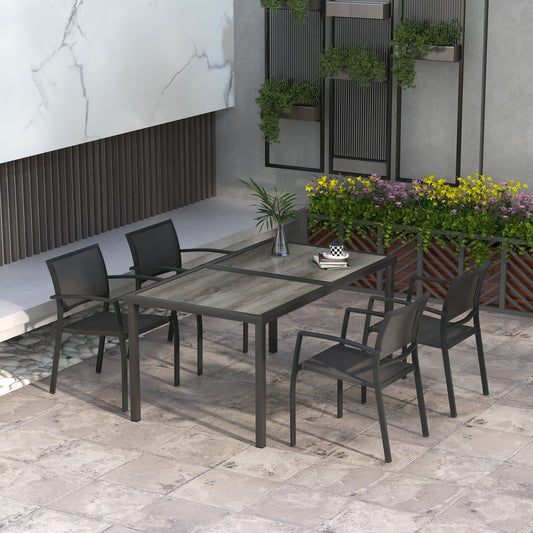5-Piece Garden Dining Set | 150cm Wood-Effect Table | 4 Stackable Mesh Armchairs | Powder-Coated Steel | 120kg Per Chair | Rustic Design | 150 x 87 x 72cm | Grey
