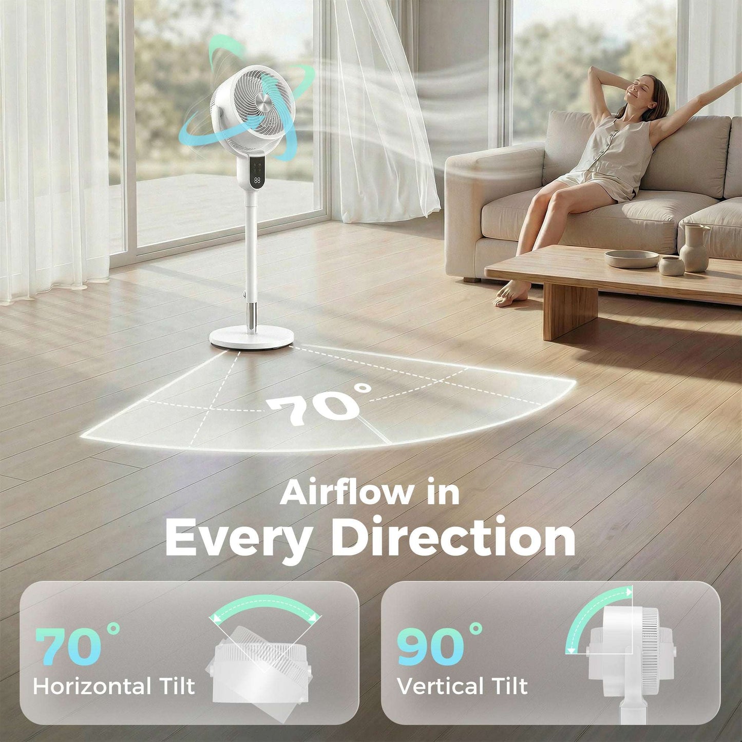 Pedestal Standing Fan | Turbo Mode | 20dB Sleep Mode | 8 Speeds | 16m³/min Airflow | 90° Oscillation | Aromatherapy Pad | Detachable Washable Grill | 5m Remote | 12H Timer | 50W | 83-107cm | White