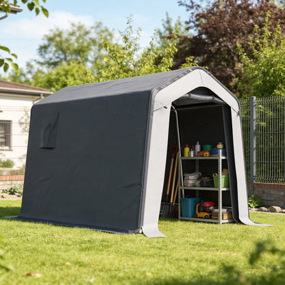 Garden Storage Shed Tent | 1.8x2.4m | Waterproof UV30+ | Galvanised Frame | Roll-Up Door | 2 Mesh Vents | Motorbike & Bike Storage | Grey