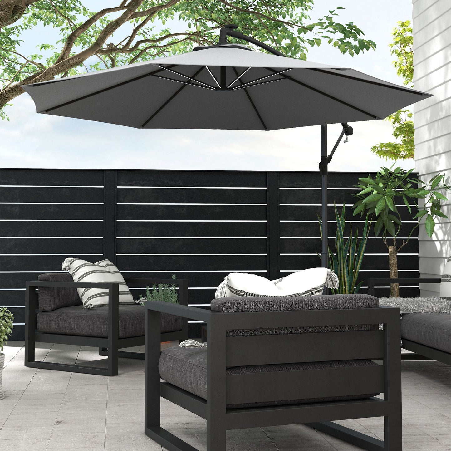 3(m) Cantilever Parasol with Solar LED Lights, Garden Umbrella with Cross Base and Crank Handle, Hanging Offset Banana Sun Shade for Outdoor, Patio